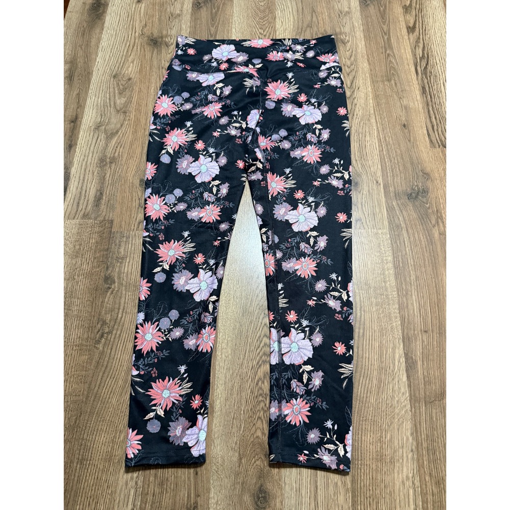 SO Floral Leggings Womens Medium Black Pink Purple Activewear Yoga Excellent